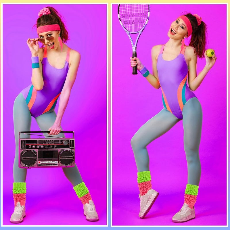 TRIITECH Store Neon Slouch Socks for Women, 80s 90s Scrunch Knee High Socks with Neon Earrings and Scrunchies for 80s 90s Party - Image 4